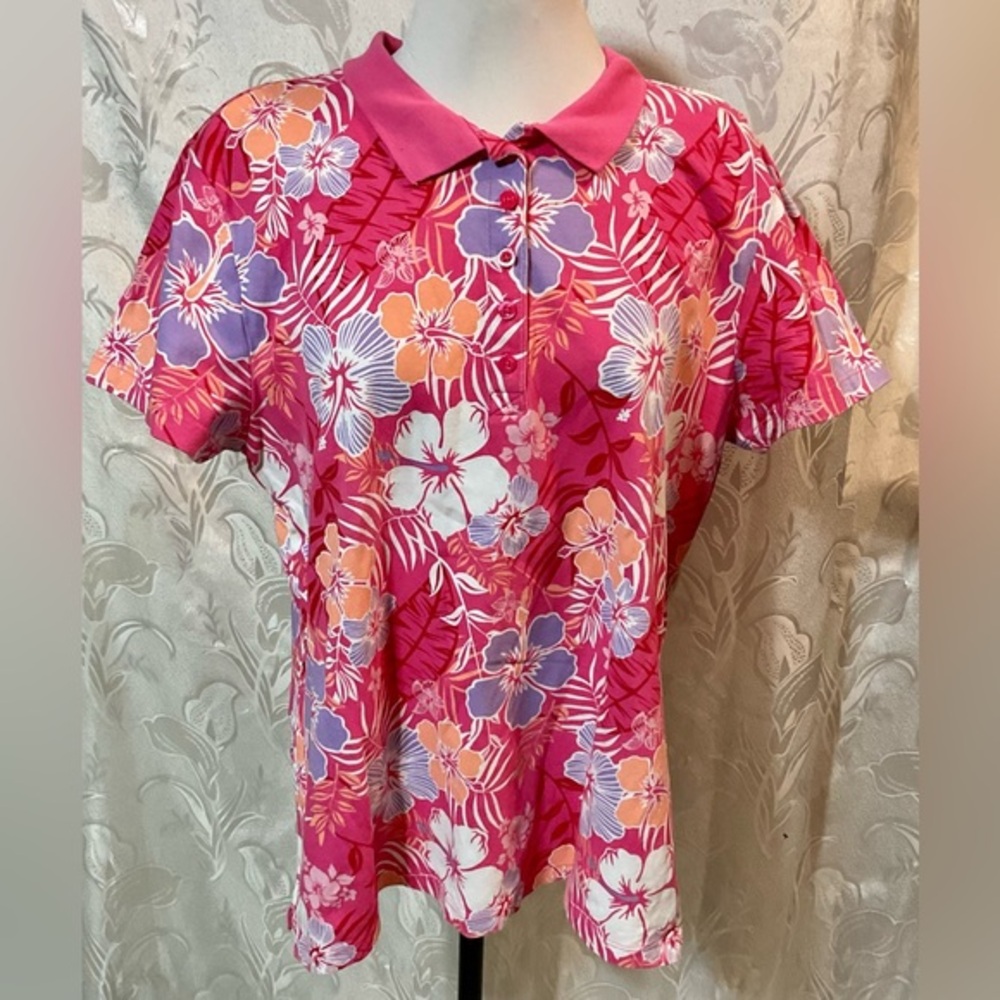 Laura Scott Pink Hawaiian Print Polo Shirt Top